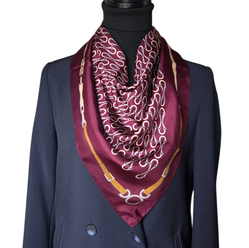 Gucci Vintage Horsebit Silk Scarf Burgundy Equestrian Carré Italy 1980s